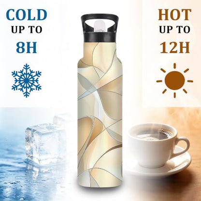 Abstract Geometric Insulated Water Bottle with Straw 20 oz,Neutral Modern Stainless Steel Leak Resistant Double Wall Water Bottles with Handle for Gym Sports Travel Outdoor - color: Abstract Geometric,Neutral Modern