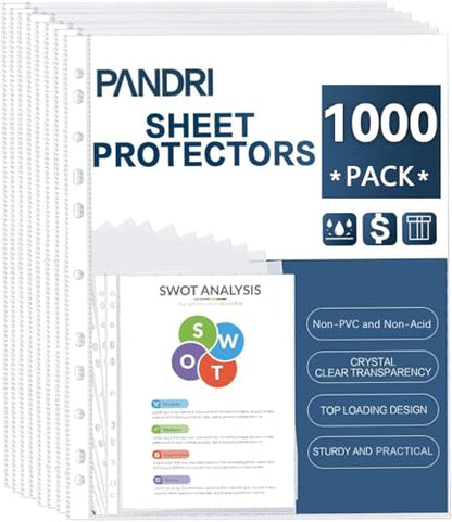 Sheet Protectors, PANDRI 1000 Pack Clear Heavy Duty Plastic Page Protectors Sheet Reinforced 11-Hole Fit for 3 Ring Binder Fits Standard 8.5 x 11 Paper, 9.25 x 11.25 Top Loaded, Excluding Acid - size: 1000 PACK
