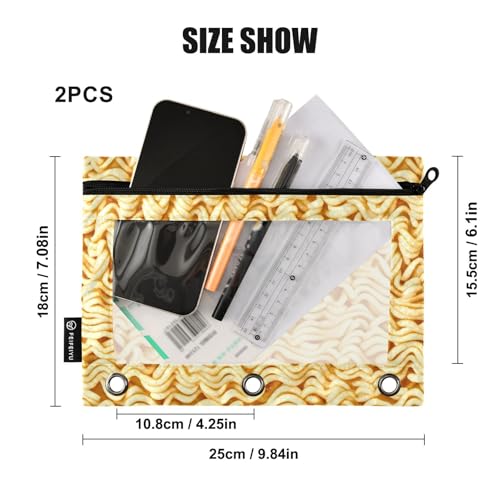 2 Pack 3 Ring Binder Pencil Pouch Ramen Noodles Pencil Case Pencil Bags with Zipper, Clear PVC Binder Pockets for Office Daily Supplies - color: Color 15