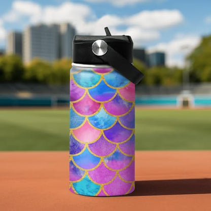 SANDJEST Mermaid Water Bottle for Girls Kids Kid Insulated Water Bottles 12oz Stainless Steel Travel School Tumbler Double Wall Vacuum Cup with Straw - color: Mermaid Scale