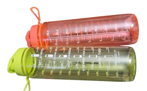 Water Bottles With Measurements and Time Markers BPA Free 2-Pack (Green and Orange)