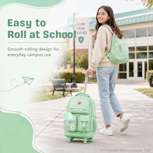 CCJPX Rolling Backpack for Girls Women, 21 inch Roller Wheels School Bookbag, Wheeled Suitcase Backpacks with Lunch Bag for Teen - Green - color: Green