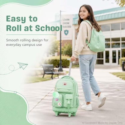 CCJPX Rolling Backpack for Girls Women, 21 inch Roller Wheels School Bookbag, Wheeled Suitcase Backpacks with Lunch Bag for Teen - Green - color: Green