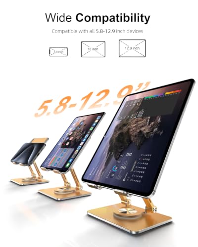 Orlian Tablet Stand Holder with Thickened 360°Rotating Base Dual Rod Adjustable Aluminum Stand for All 5.8-12.9” iPad Samsung Phone Tablet Kindle E-Reader and More, Gold - color: Gold