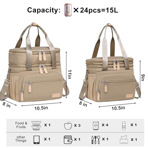 Weitars Insulated Lunch Box for Women Men-Dual Compartment Waterproof Reusable Large Lunch Bag Wide-Open Tote Cooler Bag For Working Picnic Hiking (15L) (Kahki) - color: Kahki