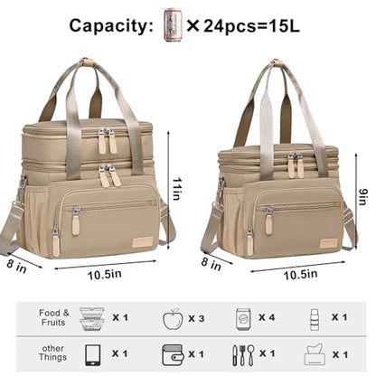 Weitars Insulated Lunch Box for Women Men-Dual Compartment Waterproof Reusable Large Lunch Bag Wide-Open Tote Cooler Bag For Working Picnic Hiking (15L) (Kahki) - color: Kahki
