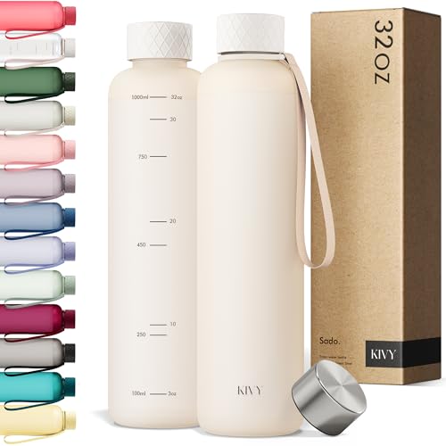 KIVY Slim Water Bottle 32oz [Lightweight & Shatterproof] Fits Backpack & Cupholder for Travel, Sports, School - Beige water bottle no straw - Cute aesthetic water bottles screw top - Dishwasher Safe - color: Beige White, size: 32 Ounces