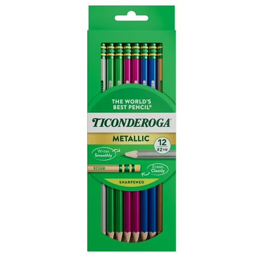 Ticonderoga Wood Pencils, Presharpened, 2 HB Soft, Assorted Metallic Colored Barrels 12 Count