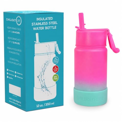 CHILLOUT LIFE 12oz Kids Insulated Stainless Steel Water Bottle with Leak Proof Straw Lid & 144 Stickers - color: Frozen Slushy, style: 12 oz