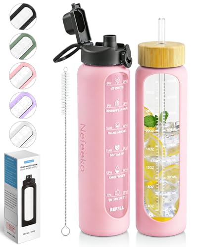 Nefeeko 32 oz Glass Water Bottles with Straw, Motivational Time Marker, 1 Liter BPA FREE Leakproof Reusable Glass Water Bottle with Silicone Sleeve, Bamboo Lid, Spout Lid - color: Pink