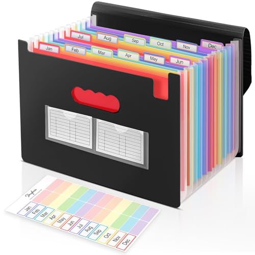 SKYDUE Accordion File Organizer, Expanding File Folder with 13 Pockets, Portable Document Paper Bill Receipt Organizer, School Office Supplies, Letter A4 Size Black - color: Black-red