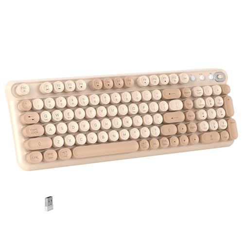 Links9+ Wireless Bluetooth Keyboard, 2.4GHz Receiver(Milk Tea) | Retro Round Typewriter Keyboard, Dual Mode Bluetooth Keyboard Compatible with Windows, macOS, iPad, Android, Laptop, Tablet - color: Milk Tea