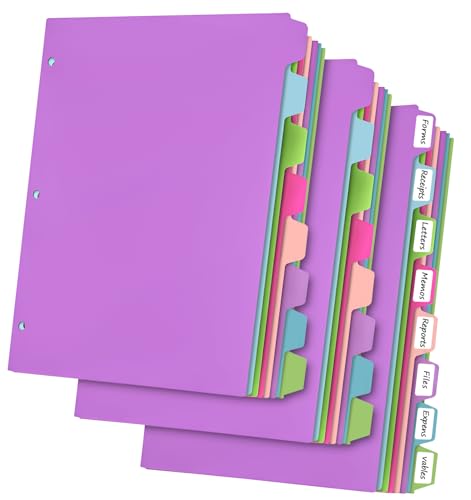 HABGP 24Pcs/3 Set Binder Dividers with Tabs, 8 Color Tab for 3 Ring Binder Dividers, Page Folder Dividers for 3 Ring Binder Sheet Paper Protectors, Plastic Tabbed File Dividers with Tabs - size: Colorful 3 Set (24 Pcs)