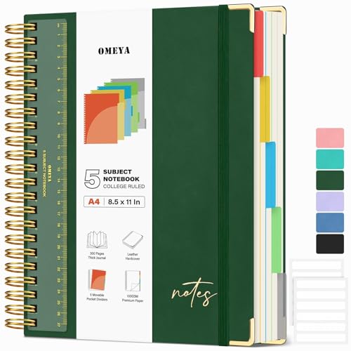 Hardcover Spiral Notebook 8.5" x 11": Leather 5 Subject Notebooks College Ruled with Pocket Dividers & Ruler, 300 Pages 100GSM Thick Writing Journal for Women, Large A4 Lined Notebooks for Work School - color: Green, size: A4