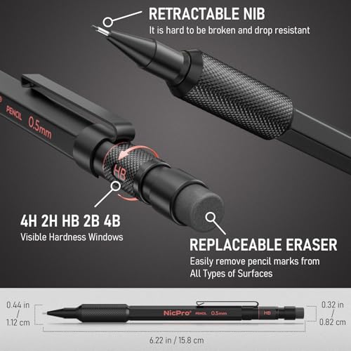 Nicpro Metal Mechanical Pencil Set, 3PCS Art Drafting Pencil 0.5, 0.7, 0.9MM & 2PCS 2MM Mechanical Drawing Pencils with 126 Lead(4B 2B HB 2H 4H Color) Weatherproof Barrel for Writing Sketching Drawing