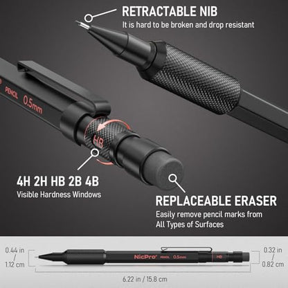 Nicpro Metal Mechanical Pencil Set, 3PCS Art Drafting Pencil 0.5, 0.7, 0.9MM & 2PCS 2MM Mechanical Drawing Pencils with 126 Lead(4B 2B HB 2H 4H Color) Weatherproof Barrel for Writing Sketching Drawing