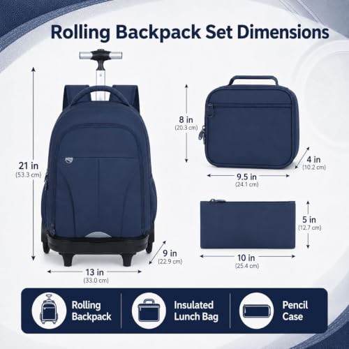 gxtvo Large Wheels & Quiet Glide | Men & Women Roller Backpack with Wheels - Water-Resistant Wheeled Bag with Lunch Box for Office, Travel & College - Blue - color: Rolling Backpack Reflective Blue