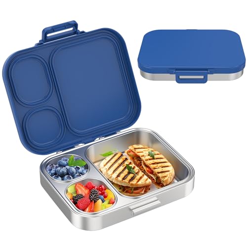 Pawtong Stainless Steel Bento Lunch Box for Kids | 3-Compartment Lunch Box Container Kids | 100% Leakproof, Eco-Friendly, Perfect Portion Control for Kids&Adult Healthy Meals (Blue) - color: Blue