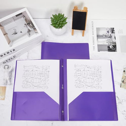Yeaqee 300 Pack Plastic Folders with Prongs Heavy Duty Plastic 2 Pocket Folder with 3 Prongs, Business Card Slot for Back to School Office Home 11.6 x 9.5 Inch (Purple) - color: Purple