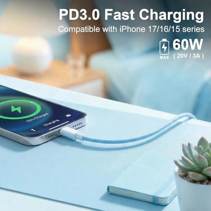 USB C to C Charger Cable, 60W, 6FT, 2-Pack, Blue | Fast Charging, Braided Nylon, for iPhone 17/16/15, MacBook iPad, Galaxy S25/S24 - color: Blue, size: 6FT+6FT