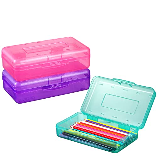 Sooez 3 Pack Pencil Case, Large Hard Pencil Box Bulk, Clear Crayon Box Marker Pen Organizer, Plastic Storage Container with Snap Lid, Stackable Art Craft Organizer Back to School Supplies - color: Pink,Green,Purple, size: 3 Pack