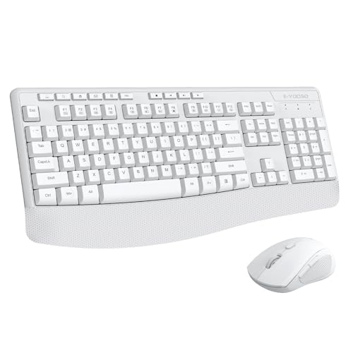 Wireless Keyboard and Mouse Combo, E-YOOSO 2.4GHz Full Sized Ergonomic Wireless Keyboard with Wrist Rest, 3 DPI Adjustable and 6 Buttons Cordless USB Mouse for Computer, Laptop, PC, Windows (White) - color: White