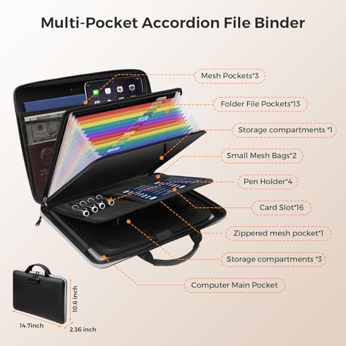 Fireproof Document Box,Hard Case Fireproof File Organizer with Lock 13 Pocket Accordion File Folder Reflective Zipper Portable Safe Box for Home Office Travel to Storage Important Documents Laptop