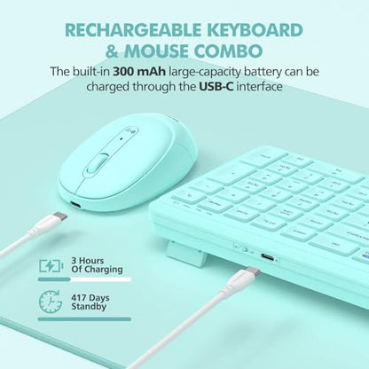 Teal Wireless Keyboard and Mouse Combo for Desktop Mac iPad Bluetooth 2.4 Ghz Rechargeable Slim Silent Click with Number Pad Compatible with Pc, Laptop, Tablet (Green) - color: Teal