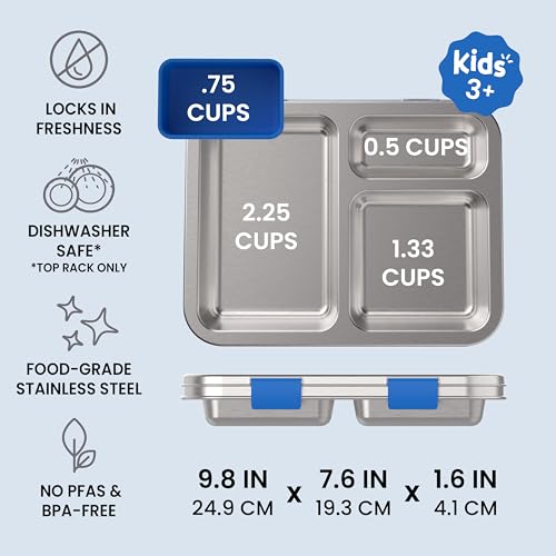 Bentgo Kids Stainless Steel Leak-Resistant Lunch Box - 3-Compartments with Bonus Silicone Container, Durable, Eco-Friendly, Dishwasher Safe, BPA-Free, Ideal for School, Ages 3+ (Blue) - color: Blue