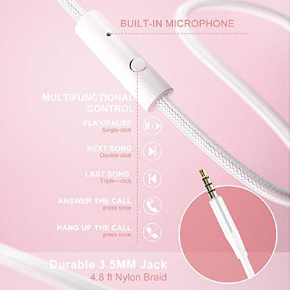 LORELEI X8 Over-Ear Wired Headphones with Microphone with 1.45m-Tangle-Free Nylon Line&3.5mm Plug,Lightweight Foldable & Portable Headphones for Smartphone,Tablet,Computer,Mp3/4（Pearl Pink） - color: Pearl Pink