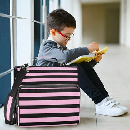 Black and Pink Stripes Zipper Binder with Shoulder Strap Bag 3 Ring Binder Organizer Large Capacity Multiple Compartments for School Office