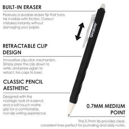 Grabie Erasable Gel Pens, 6 Black 0.7 mm Medium Point Pens | Rich Black Ink, Clean Erasing, Smooth Writing, Comfortable Grip, Quick Drying, Ideal For Students, Journaling - color: Black