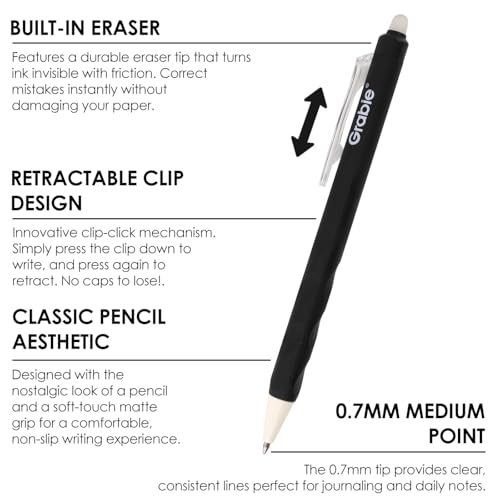Grabie Erasable Gel Pens, Medium Point 0.7 mm Erasable Pens, Make Mistakes Disappear for Drawing Writing Planner, Pack of 6, Black/Blue/Red - color: Black/Blue/Red