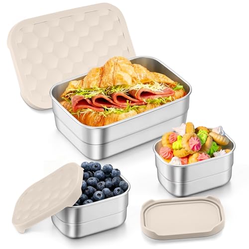 TeamFar Stainless Steel Lunch Box, Food Snack Storage Bento Containers with Silicone Lids for Kids Adults to School Work, Kids Friendly & Dishwasher Safe, Leak-Proof & Easy Open, 25OZ + 8OZ*2 (Khaki) - color: Khaki