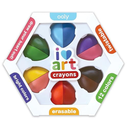 Ooly I Heart Art Erasable Crayons, Twistable Kids Coloring Kit, 12 Bright Colors, Gifts for Kids - style: Heart Crayons
