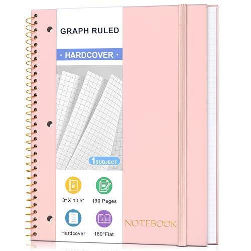 Spiral Notebook Graph Ruled Paper 8" x 10 1/2", 1 Subject Spiral Grid Notebook 3-Hole Punched Perforated Page Ideal for School, Office, Writing, 95 Sheets Lined Journaling Graphing Notebook, Pink - color: Pink, size: Graph Paper