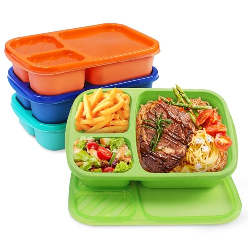 buluker 4 Pack Bento Lunch Box Set 3 Compartment Wheat Straw Meal Prep Food Storage Containers Plastic, Microwave and Dishwasher Safe（Jewel Brights） - color: 4 Pack（Jewel Brights）