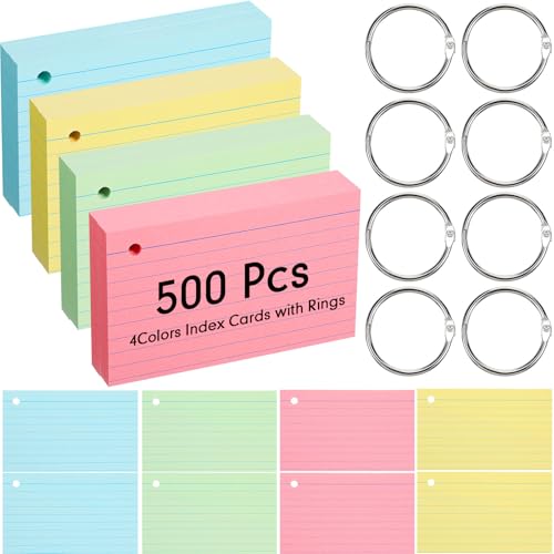 Yexiya 500 Pcs Index Cards with Rings Study Supplies Punched Lined Flash Cards with Holes Ruled Single Hole Notes and Metal Rings for Adults Office(3 x 5 Inch,Pastel Color) - color: Patel Color, size: 3 x 5 Inch