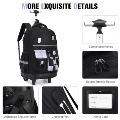 ACESAK Rolling Backpack for Girls - Roller Wheels School Bookbag with Lunch Bag & Pencil Pouch for Teen Girls Kids Wheeled Suitcase Backpacks, Elementary Middle School Travel Daypack (Black Purple) - color: Black-purple