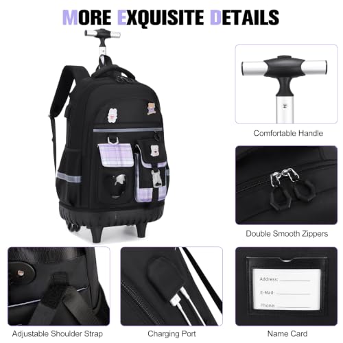 ACESAK Rolling Backpack for Girls - Roller Wheels School Bookbag with Lunch Bag & Pencil Pouch for Teen Girls Kids Wheeled Suitcase Backpacks, Elementary Middle School Travel Daypack (Black Purple) - color: Black-purple