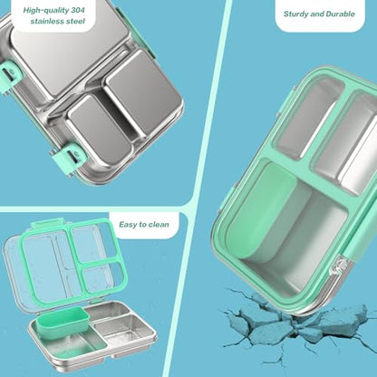 Stainless Steel Bento Box for Kids, 3-Compartment Metal Lunch Box with Clear Lid & Removable Silicone, Lunch Box Kids with Silicone Inner Container for Meal Prep, School, Office (Blue) - color: Blue