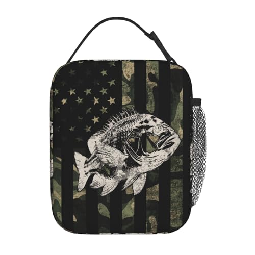 Fishing Camouflage American Flag Bass Lunch Box, Portable Insulated Lunch Bag with Detachable Handle,Reusable Lunchbox for Boys Girls Men Women Adults - color: Fishing Camouflage