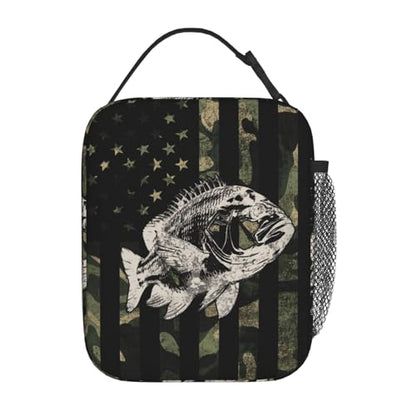 Fishing Camouflage American Flag Bass Lunch Box, Portable Insulated Lunch Bag with Detachable Handle,Reusable Lunchbox for Boys Girls Men Women Adults - color: Fishing Camouflage