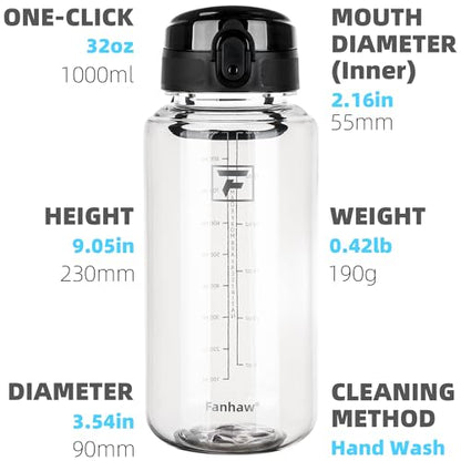 Fanhaw 32 Oz Clear Tritan Water Bottle, BPA-Free & Leak-Proof, Wide Mouth with Anti-dust Chug Lid, Reusable Plastic Bottle for Gym, Travel, School & Office, Back to School Essentials (Clear&Black) - color: Clear&Black, size: 32 Ounces