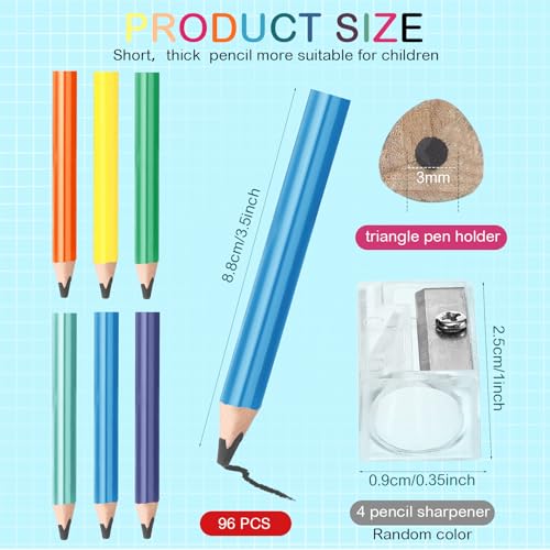 Spakon 96 Pcs Jumbo Pencils for Kid Bulk 3.5 Inch Wooden Triangle Short Fat Chunky Pencil with Sharpener for Student Toddler Preschooler Beginner Kindergarten Classroom Back to School Supplies - style: Pencil