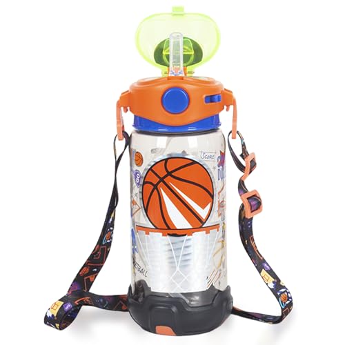 Kids Water Bottle with Straw/Lanyard for School Kids Girls Boys, 22oz BPA Free Child Drinking Water Bottle One-Click-Open Leak-Proof Locking Flip Lid for School Sport Travel - color: H12. Basketball