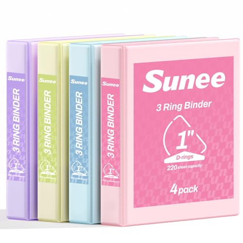 SUNEE 3 Ring Binder 1 Inch D Ring, Clear View Binder Three Ring PVC-Free (Fit 8.5x11 Inches) for School or Office Supplies, Assorted Pastel, 4 Pack - size: 1 Inch