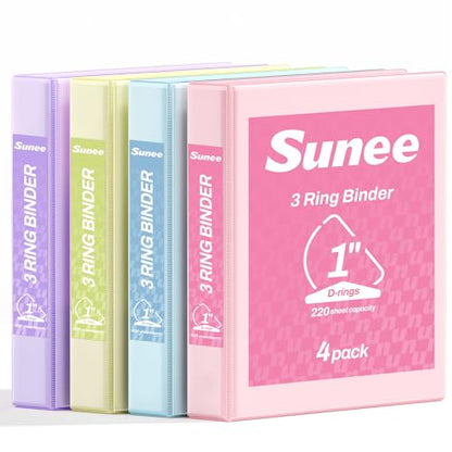 SUNEE 3 Ring Binder 1 Inch D Ring, Clear View Binder Three Ring PVC-Free (Fit 8.5x11 Inches) for School or Office Supplies, Assorted Pastel, 4 Pack - size: 1 Inch