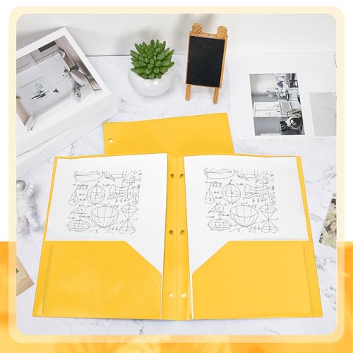 Yeaqee 50 Pcs Plastic Folders with Pockets Bulk 3 Hole Punched 2 Pocket File Folders for 3 Ring Binder Divider Folder for Notebooks, Durable Poly for Office Home (Yellow) - color: Yellow