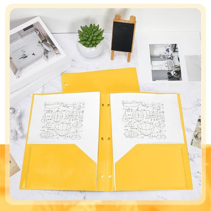 Yeaqee 100 Pcs Plastic Folders with Pockets Bulk 3 Hole Punched 2 Pocket File Folders for 3 Ring Binder Divider Folder for Notebooks, Durable Poly for Office Home (Yellow) - color: Yellow